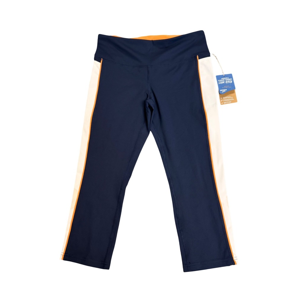 Brooks Womens Greenlight Capri Running Leggings Navy White Orange Pockets Size M